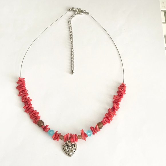 Vintage Fleur de Lis Heart Charm Necklace Choker Red Coral Saints Mardi Gras - Picture 4 of 12